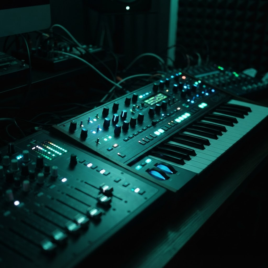 Synthesizer and mixing desk glowing under teal neon light